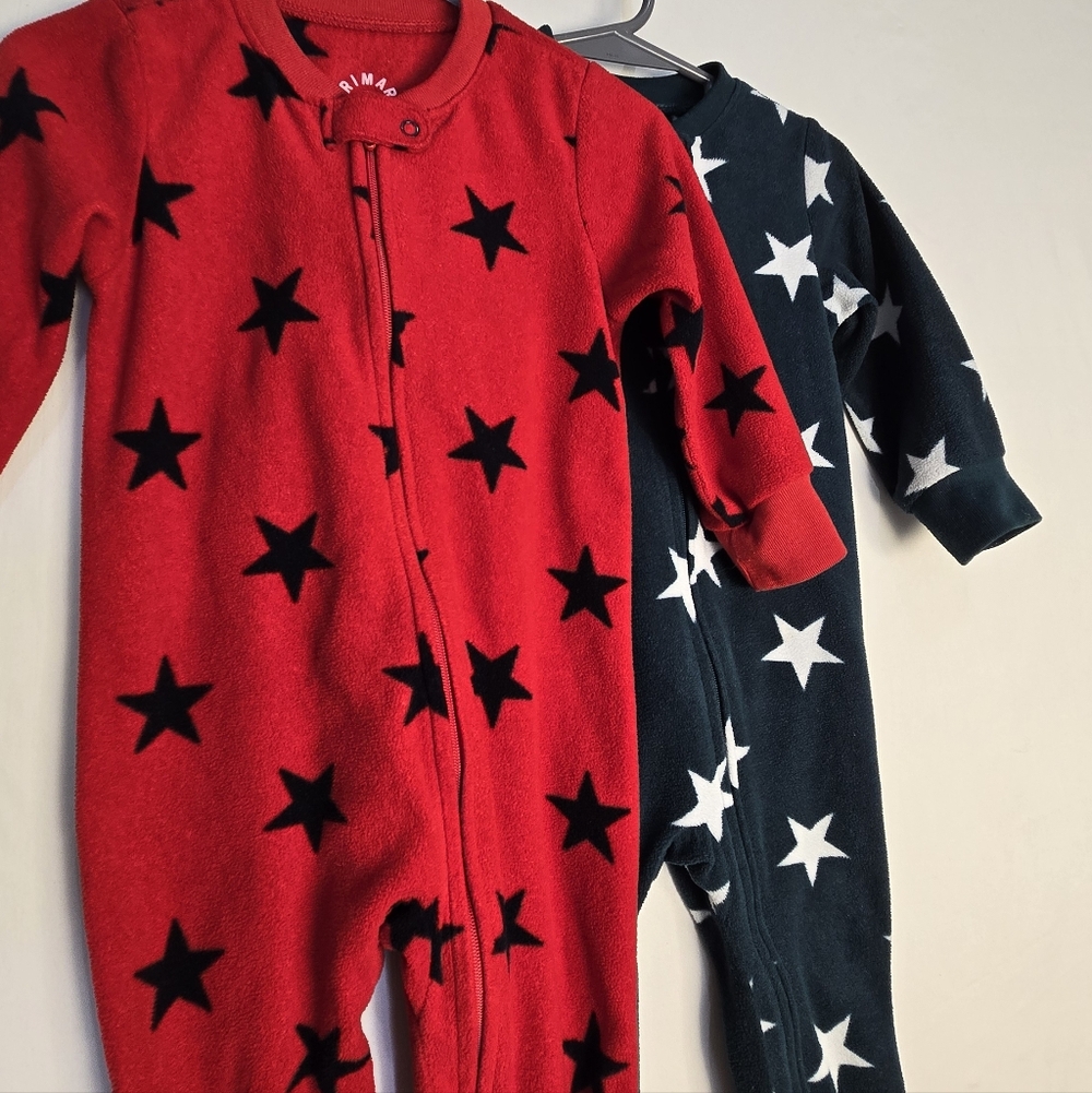 Lot of 2 Primary Fleece Footies Red and Green w/ Stars 12-18mo